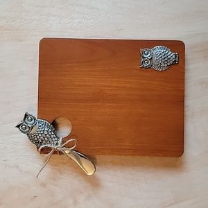 Wooden Cheeseboard with Owl and Silver Owl Cheese Knife/Spreader Set